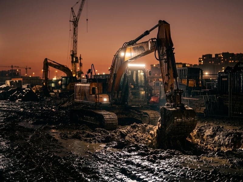 Pelleteuse de chantier équipée d'une rampe LED 24V droite à faisceau puissant, travaillant de nuit sous la pluie dans la boue