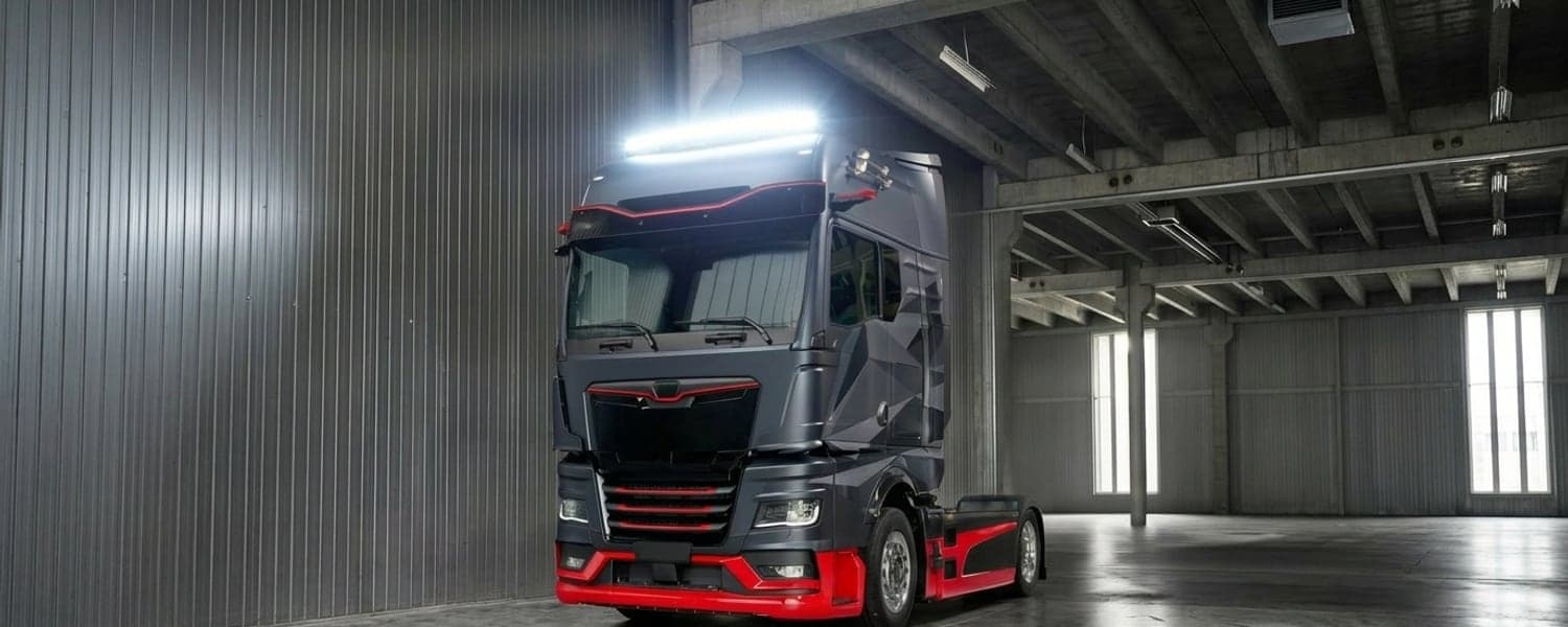 Camion Volvo gris et rouge stationné dans un hangar équipé d'une barre LED 24V incurvée allumée Next-Tech