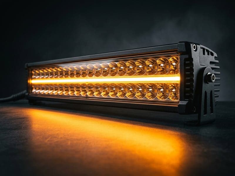 Barre LED Next‑Tech avec feux de jour DRL ambrés allumés, rampe lumineuse pour tous les types de véhicules sur fond sombre