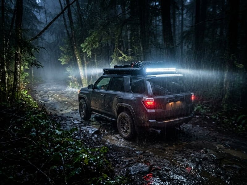 Barre LED droite Next-Tech allumée sur galerie de toit de 4x4 en pleine nuit sous la pluie en forêt