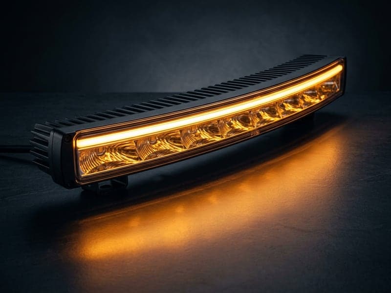 Rampe LED incurvée Next‑Tech avec feux de position DRL orange allumé, posé au sol avec le reflet orange dans le noir