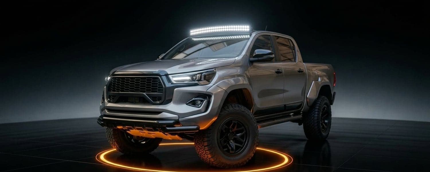 4x4 pickup équipé d'un rampe LED incurvée Next-Tech allumée au niveau du toit, fond nuit