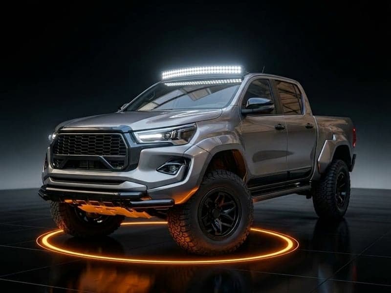 4x4 pickup équipé d'un rampe LED incurvée Next-Tech allumée au niveau du toit, fond nuit