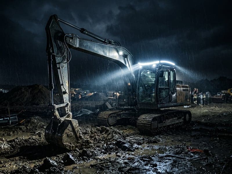 Pelleteuse qui profite de l'éclairage de la rampe LED incurvée allumée Next-Tech sur un chantier BTP en pleine nuit sous la pluie, faisceau puissant éclairant le terrain boueux