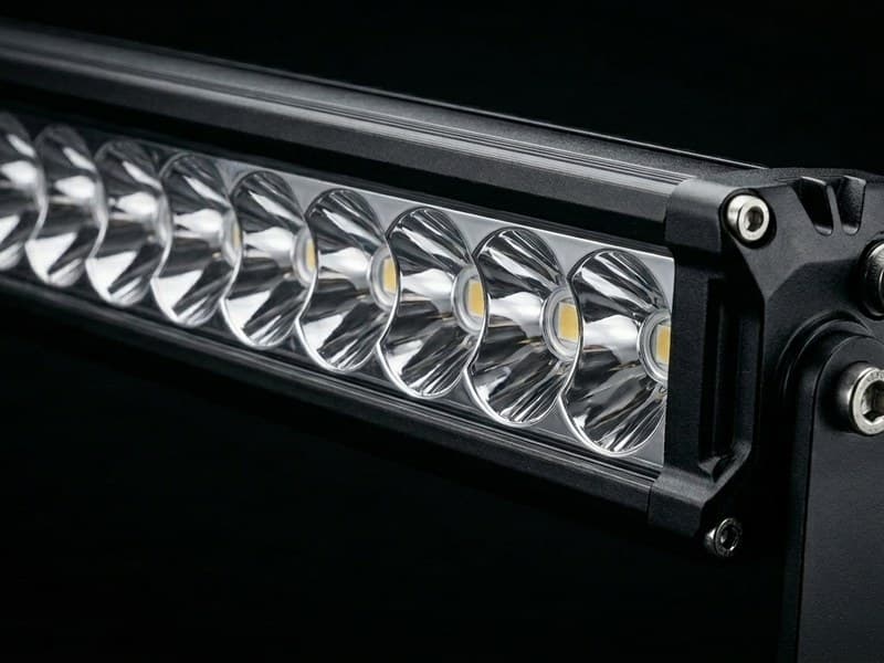 Rampe LED incurvée simple rangée Next‑Tech, zoom sur les optiques haute puissance, design aérodynamique sur fond noir