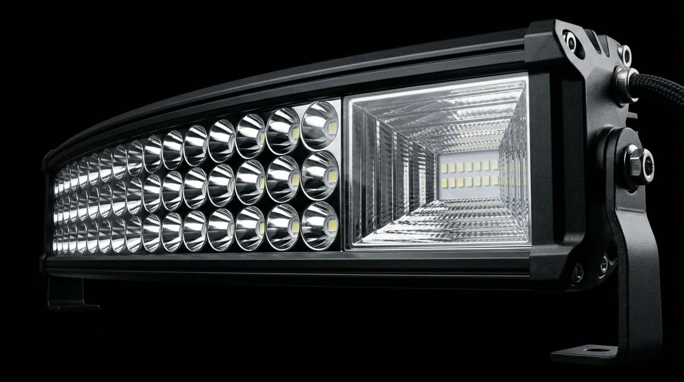 Rampe LED incurvée Next‑Tech triple rangée haute puissance, éteinte avec vus rapprochée sur le réflecteurs latéral