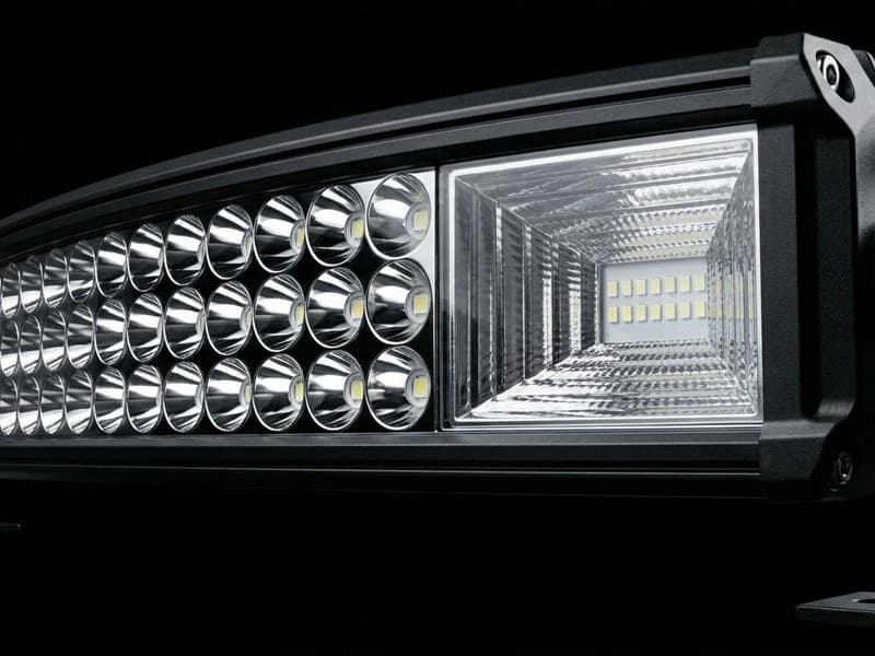 Rampe LED incurvée Next‑Tech triple rangée haute puissance, éteinte avec vus rapprochée sur le réflecteurs latéral