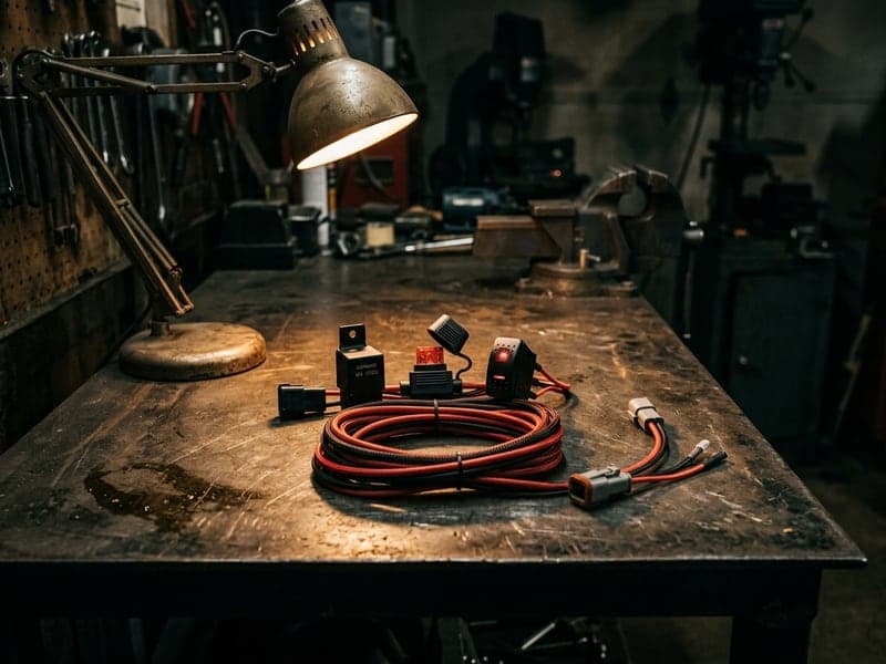Faisceau de câblage avec relais et interrupteur pour barre LED et phare LED 12V/24V sur un établi d'atelier automobile