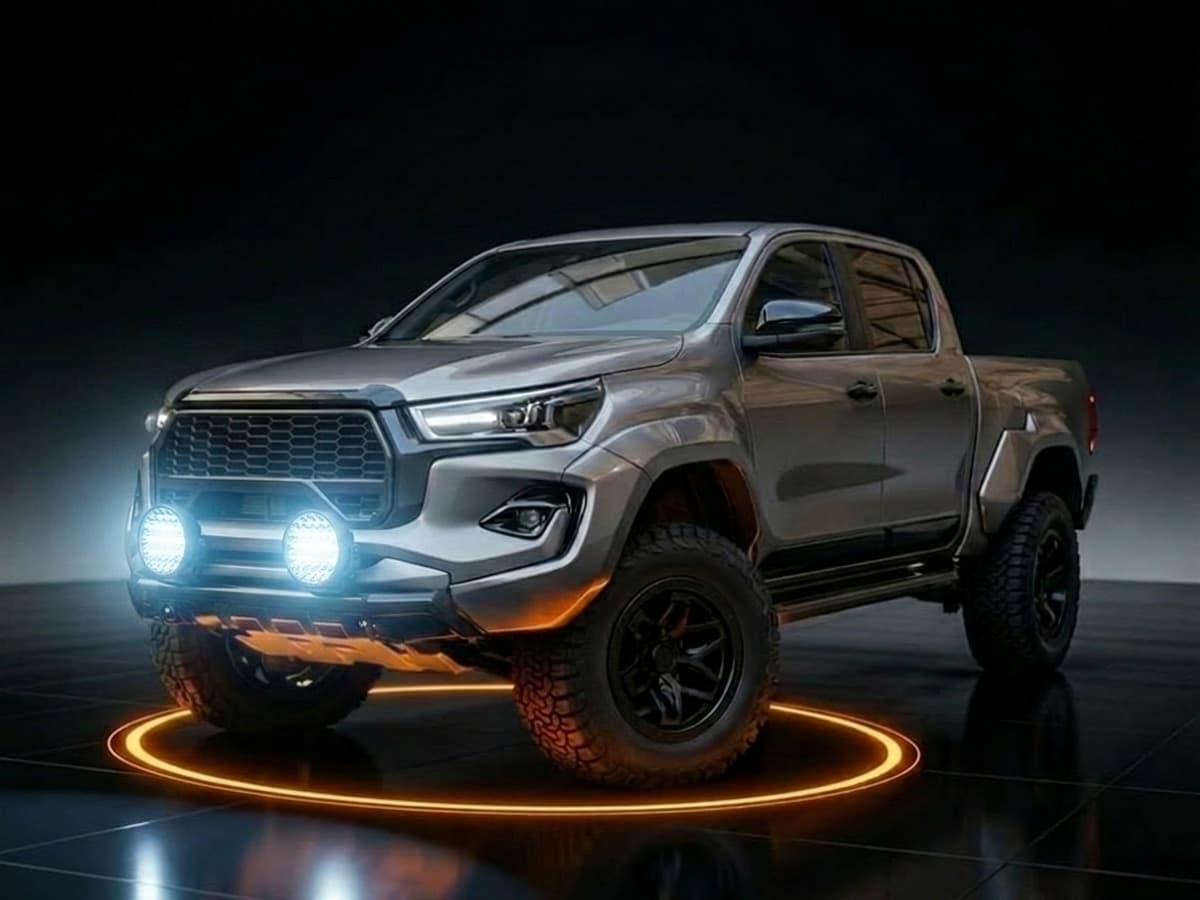 Phares LED longue portée Next-Tech allumés sur pick-up 4x4 gris vue de 3/4 avec un halo orange sous les roues avant