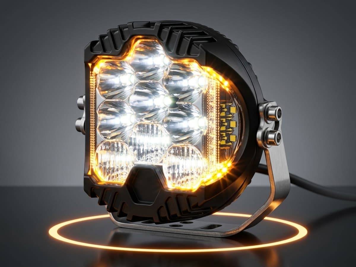 Phare LED rond Next‑Tech avec feux de position DRL orange allumé, optique longue portée blanche, vue 3/4 dans une ambiance sombre