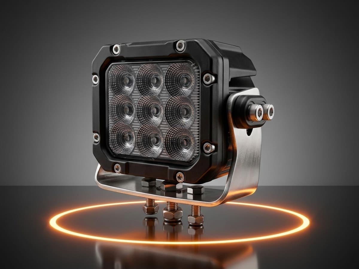Phare LED carré additionnel Next-Tech posé sur une sol réfléchissant, le feu est éteint vue de 3/4