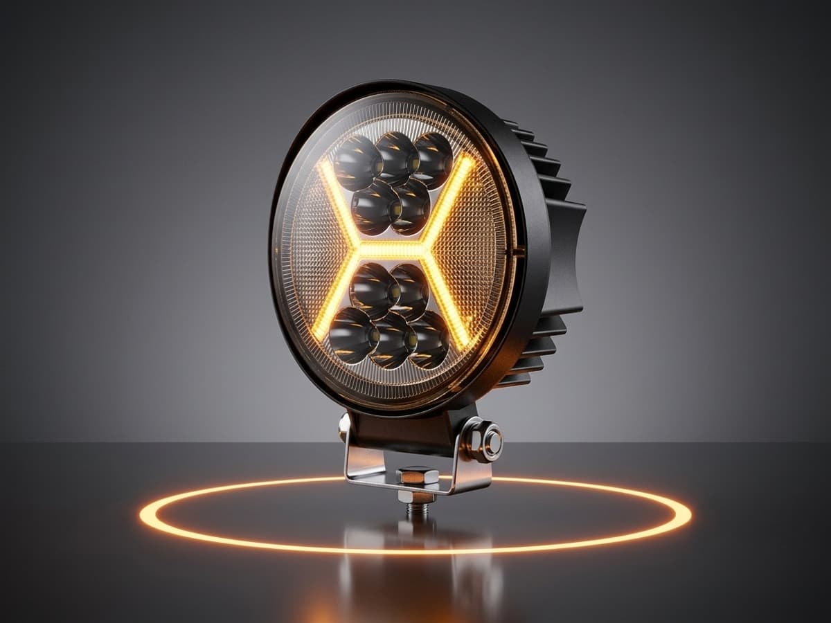 Phare LED rond Next‑Tech avec feux de jour DRL ambrés en signature lumineuse allumés, optiques longue portée eteint vue de 3/4 avec son support inox