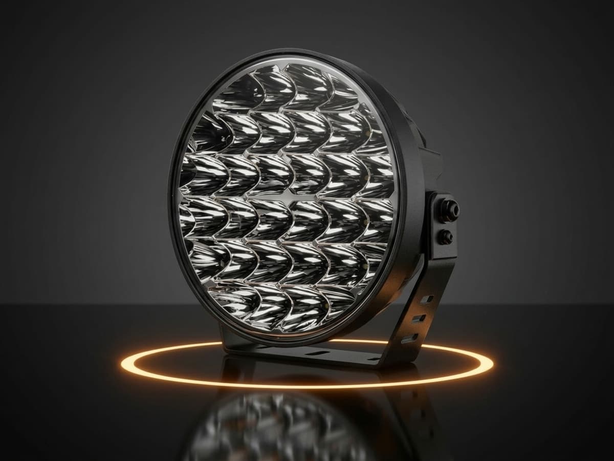Phare LED rond longue portée Next-Tech éteint présenté sur une sol réfléchissant dans une pièce sombre vue de 3/4