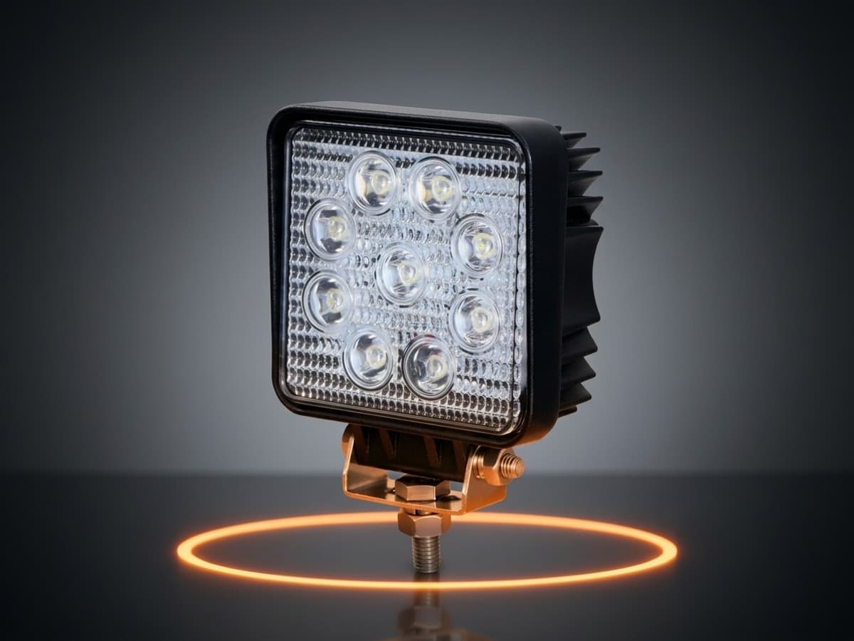 Phare de travail LED carré Next‑Tech orientable 9 LED avec dissipateur à ailettes, vue de 3/4 éteint sur un fond sombre