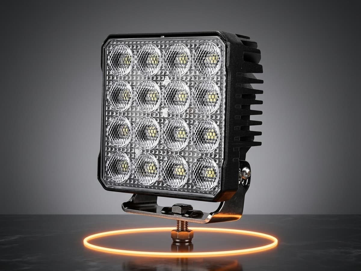 Phare de travail LED carré Next‑Tech équipé de 16 LEDs haute puissance, support réglable, vue de 3/4 avec son support inox réglable