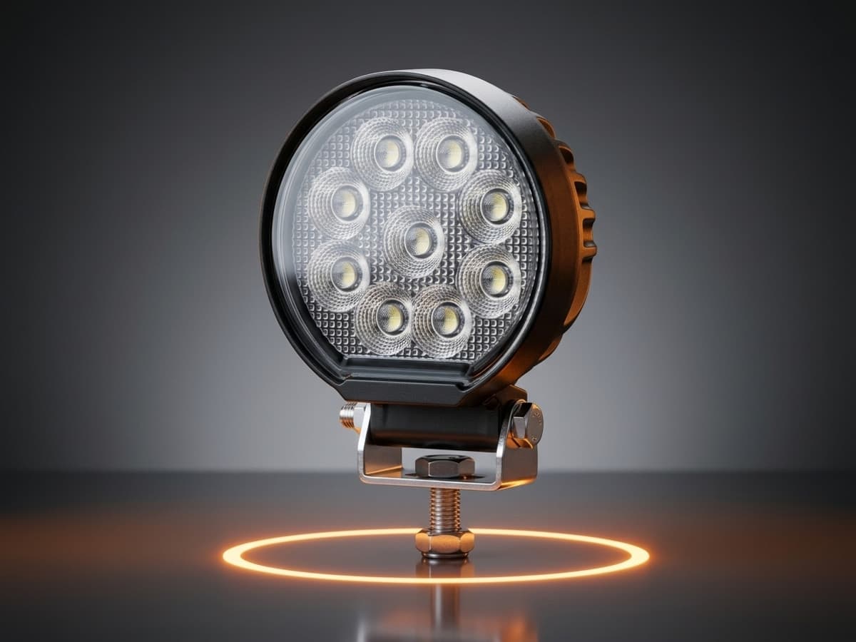 Phare de travail LED rond Next‑Tech à 9 optiques, éteint avec son support inox orientable gauche droite et haut bas, vue 3/4 sur fond sombre