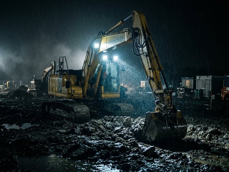 Pelle mécanique de chantier équipée de projecteurs LED de travail Next-Tech allumés sous la pluie, éclairage puissant longue portée