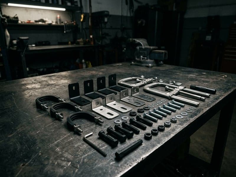 Supports de fixation inox et équerres Next-Tech pour barre LED et phares additionnels sur établi atelier automobile
