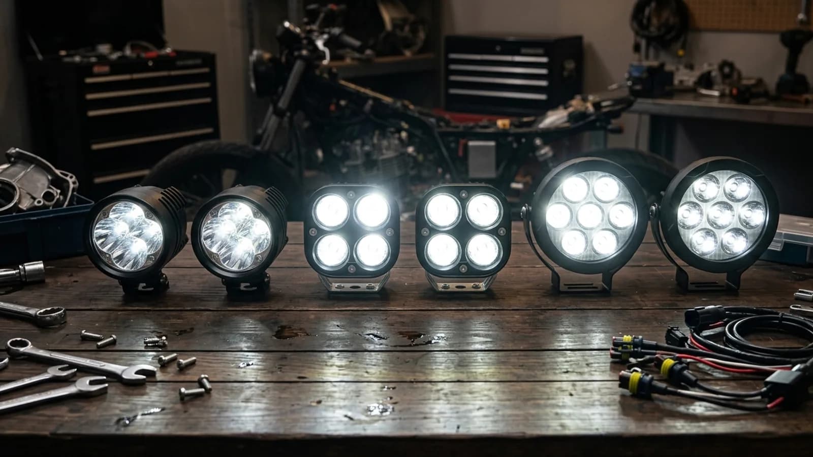 Comparaison de plusieurs feux additionnels LED pour moto posés sur un établi d'atelier
