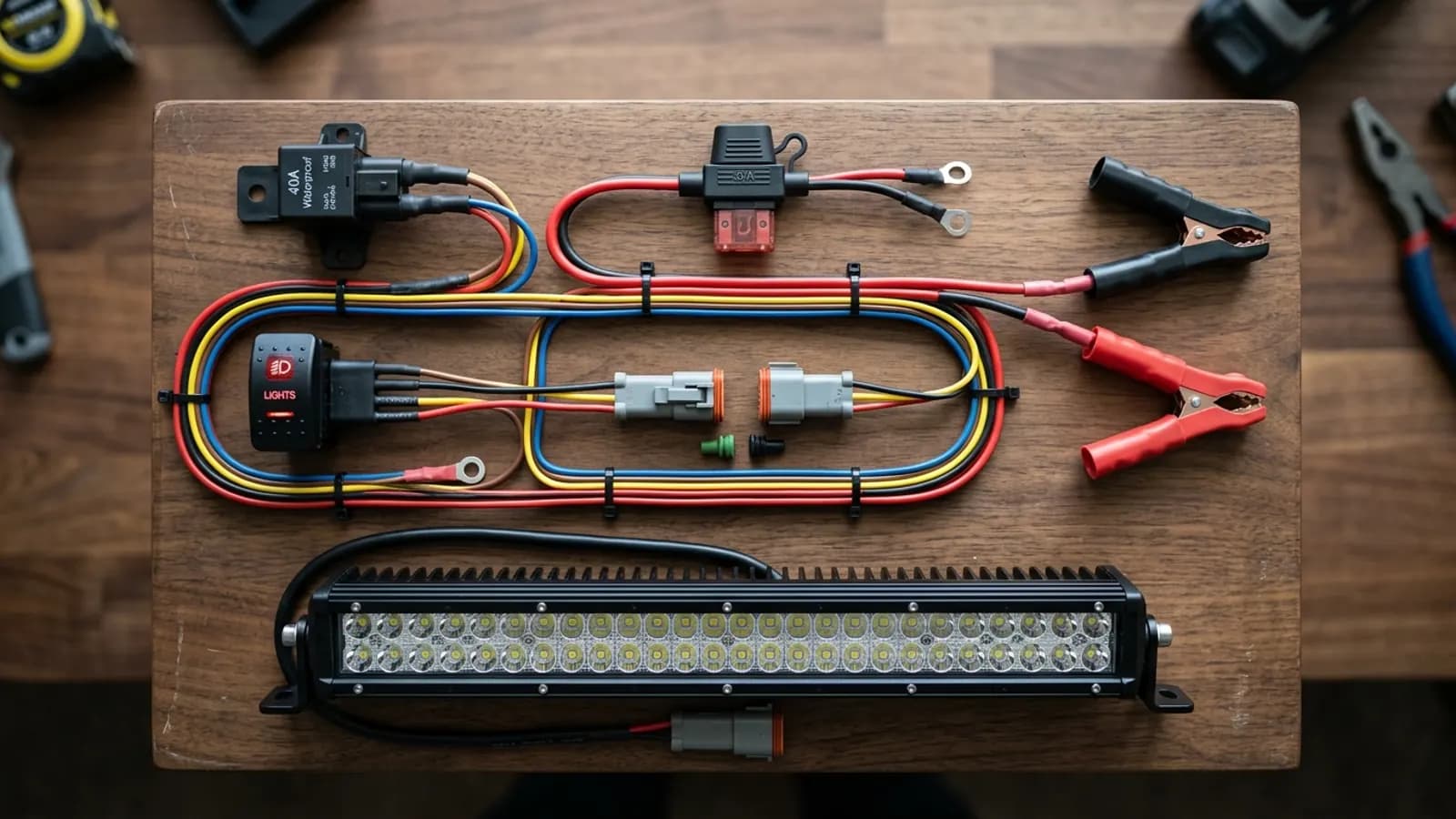 Kit câblage complet barre LED avec relais 40A étanche, fusible, interrupteur et cosses sur établi bois