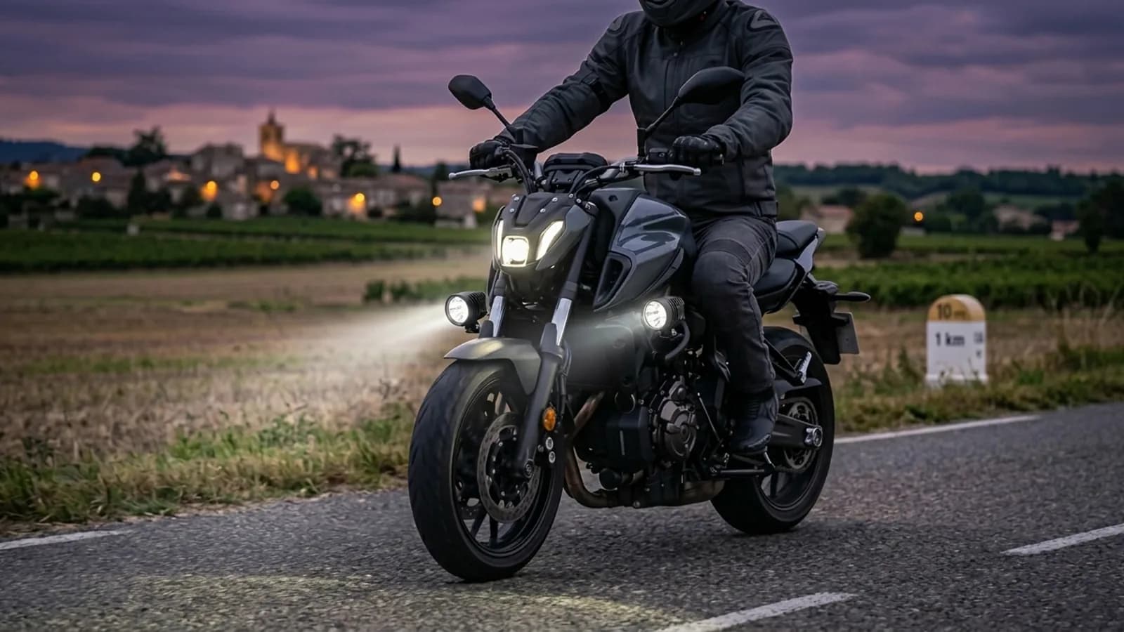Moto équipée de feux additionnels LED homologués allumés sur une route de campagne au crépuscule