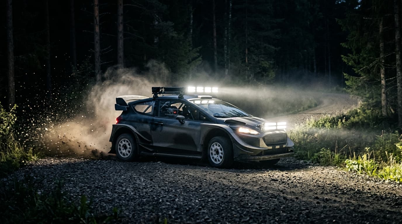 Voiture de rallye homologuée FFSA avec barre LED de toit et feux additionnels allumés sur piste forestière de nuit