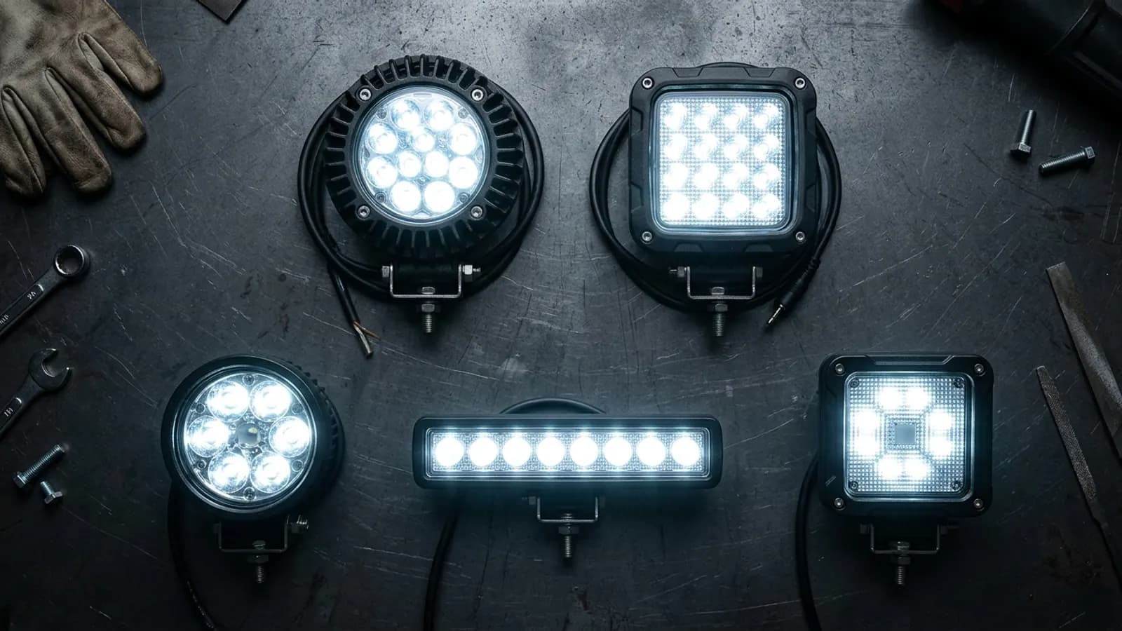Gamme de phares de travail LED allumés, modèles ronds, carrés et barre LED sur établi d'atelier