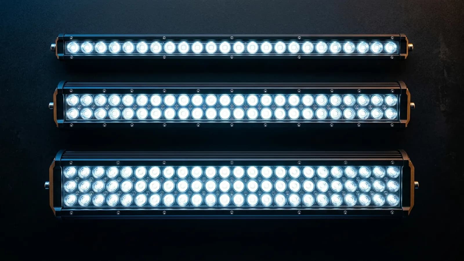 Comparatif rampes LED allumées simple, double et triple rangée sur fond noir, faisceau blanc puissant