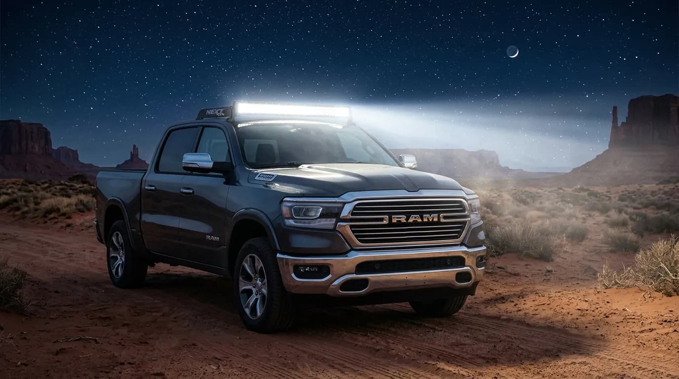 Dodge Ram dans le désert de Monument Valley sous un ciel étoilé, barre LED Next-Tech allumée sur le toit