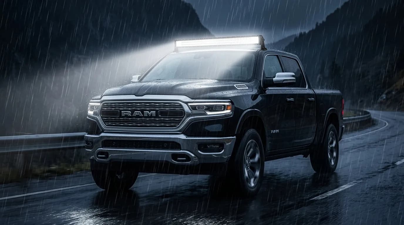 Dodge Ram noir de nuit sous la pluie, barre LED Next-Tech du toit allumée traversant la pluie