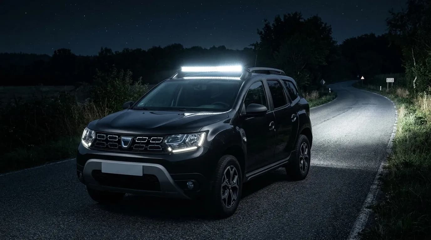 Dacia Duster de nuit sur route de campagne, barre LED Next-Tech sur les barres de toit allumée