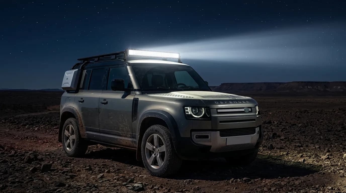 Land Rover Defender de nuit dans le désert, barre LED Next-Tech du toit allumée projetant un faisceau puissant