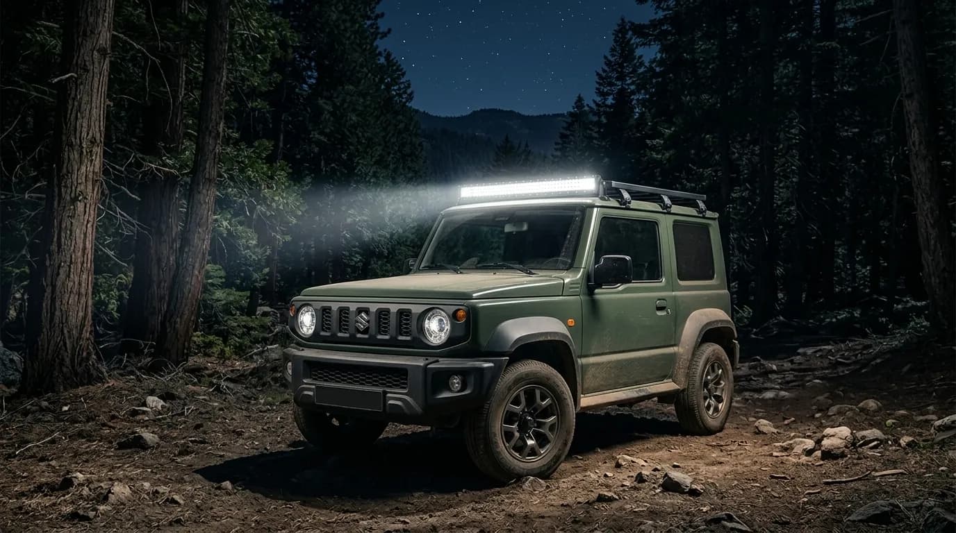 Suzuki Jimny de nuit sur chemin forestier, barre LED Next-Tech du toit allumée