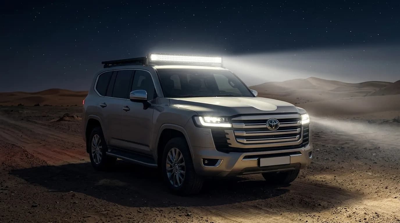 Toyota Land Cruiser de nuit dans le désert étoilé, barre LED Next-Tech du toit allumée