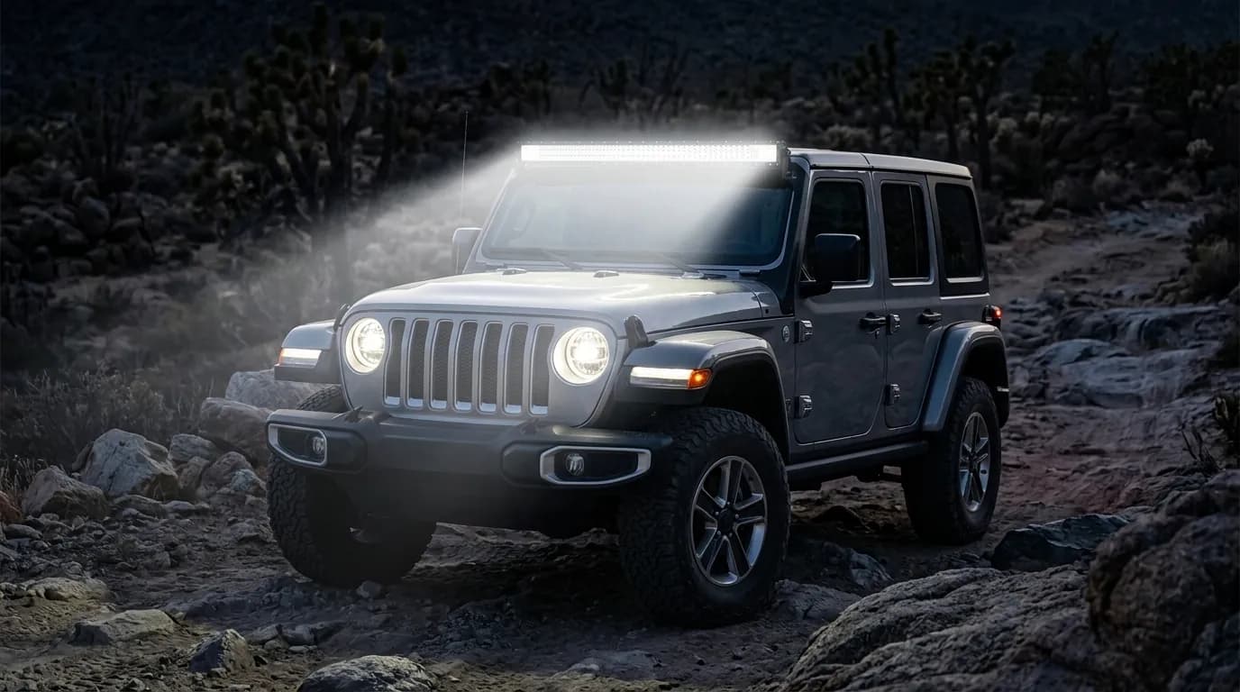 Jeep Wrangler bleue de nuit sur piste rocheuse, barre LED Next-Tech allumée au-dessus du pare-brise
