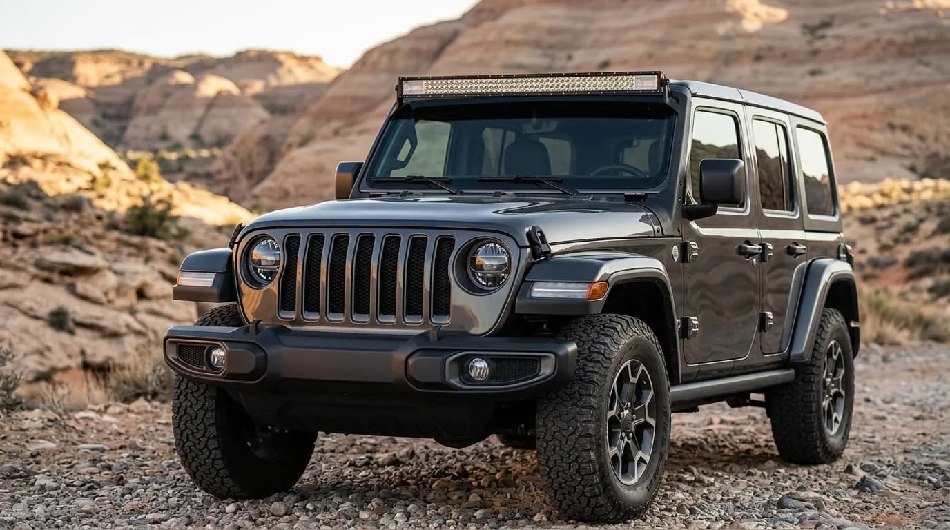 Barre LED Next-Tech montée sur les charnières de pare-brise d'une Jeep Wrangler