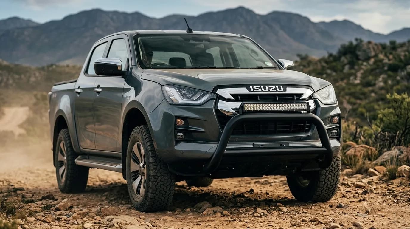 Isuzu D-Max équipé d'une barre LED Next-Tech montée sur pare-buffle, en terrain difficile