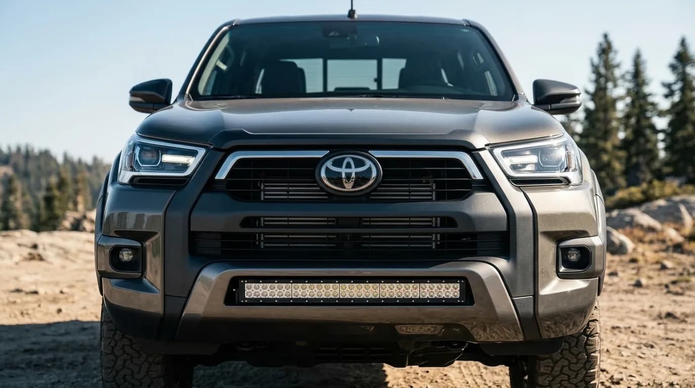 Face avant d'un Toyota Hilux avec une barre LED Next-Tech intégrée dans le pare-chocs, sous la calandre