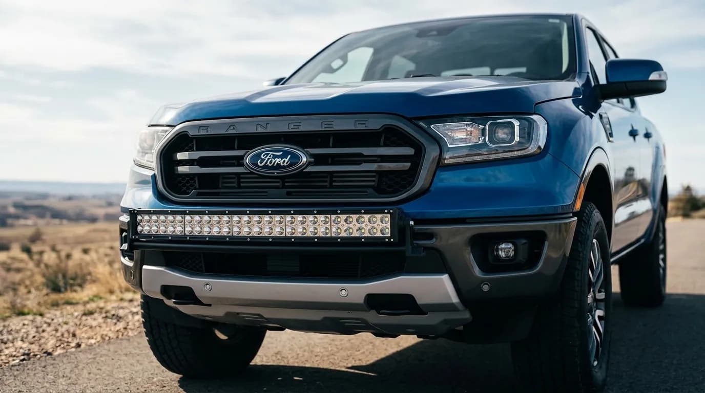 Barre LED installée sur le pare-chocs avant d'un Ford Ranger bleu