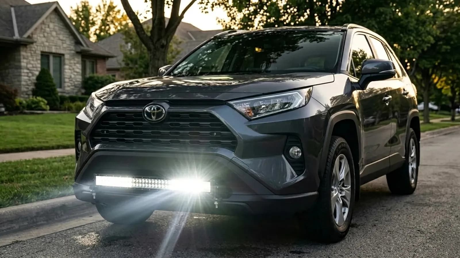 Barre LED Next-Tech installée sur le pare-chocs avant d'un Toyota RAV4 gris