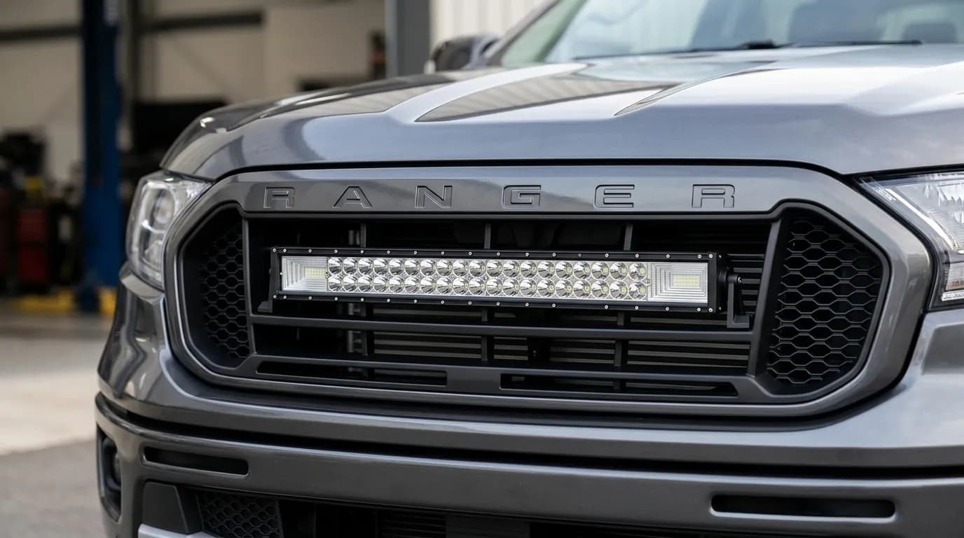 Barre LED intégrée dans la calandre d'un Ford Ranger, vue de face en atelier