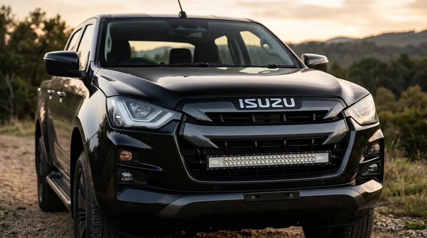 Isuzu D-Max noir avec une barre LED Next-Tech intégrée dans la calandre, au crépuscule sur chemin de terre
