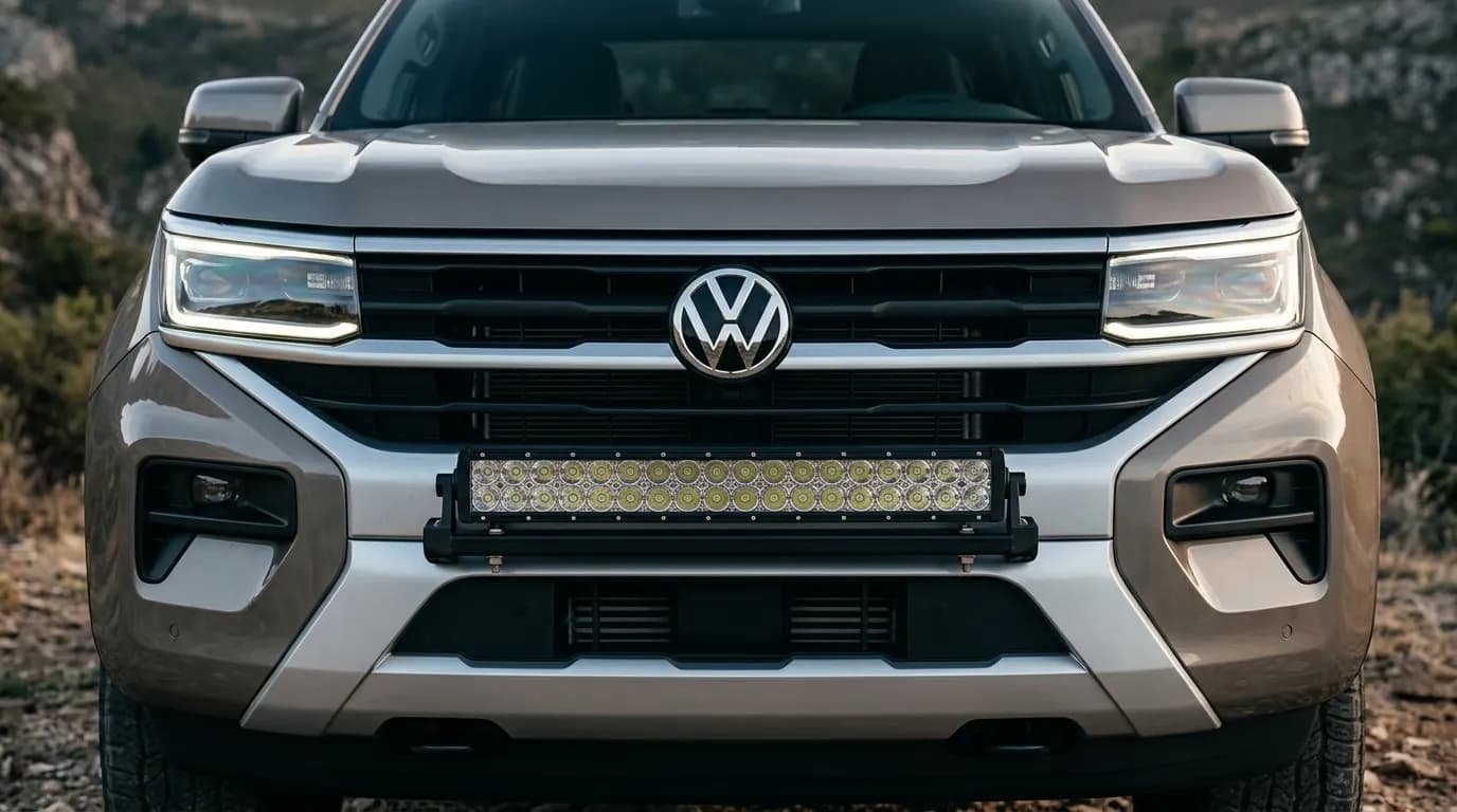Gros plan de la calandre d'un Volkswagen Amarok avec une barre LED Next-Tech montée sous le logo, dans le pare-chocs