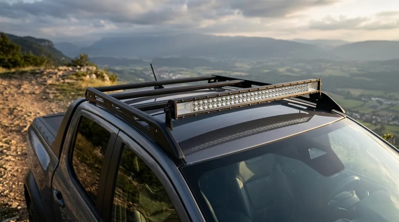 Barre LED montée sur la galerie de toit d'un Ford Ranger, vue de détail en extérieur