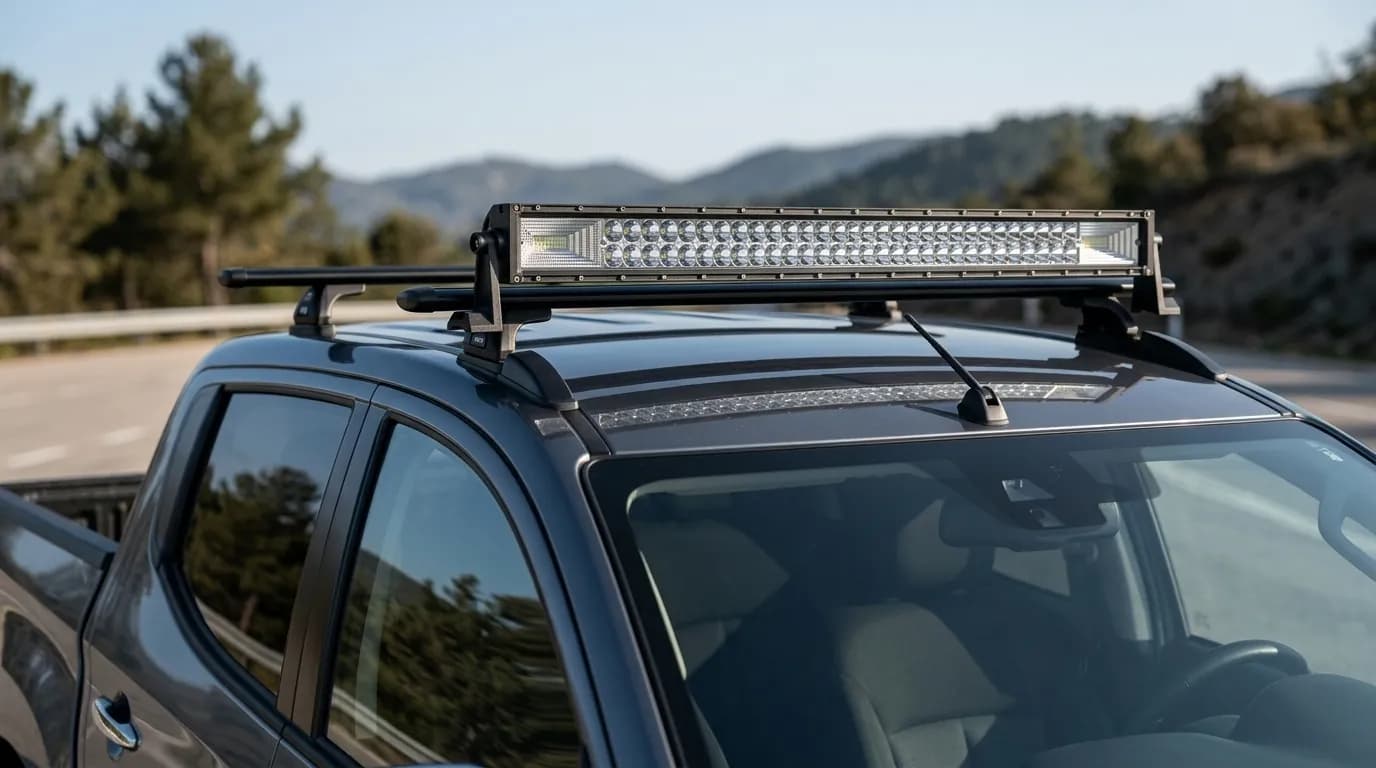 Détail de la barre LED Next-Tech montée sur la galerie de toit d'un Mitsubishi L200, paysage de montagne