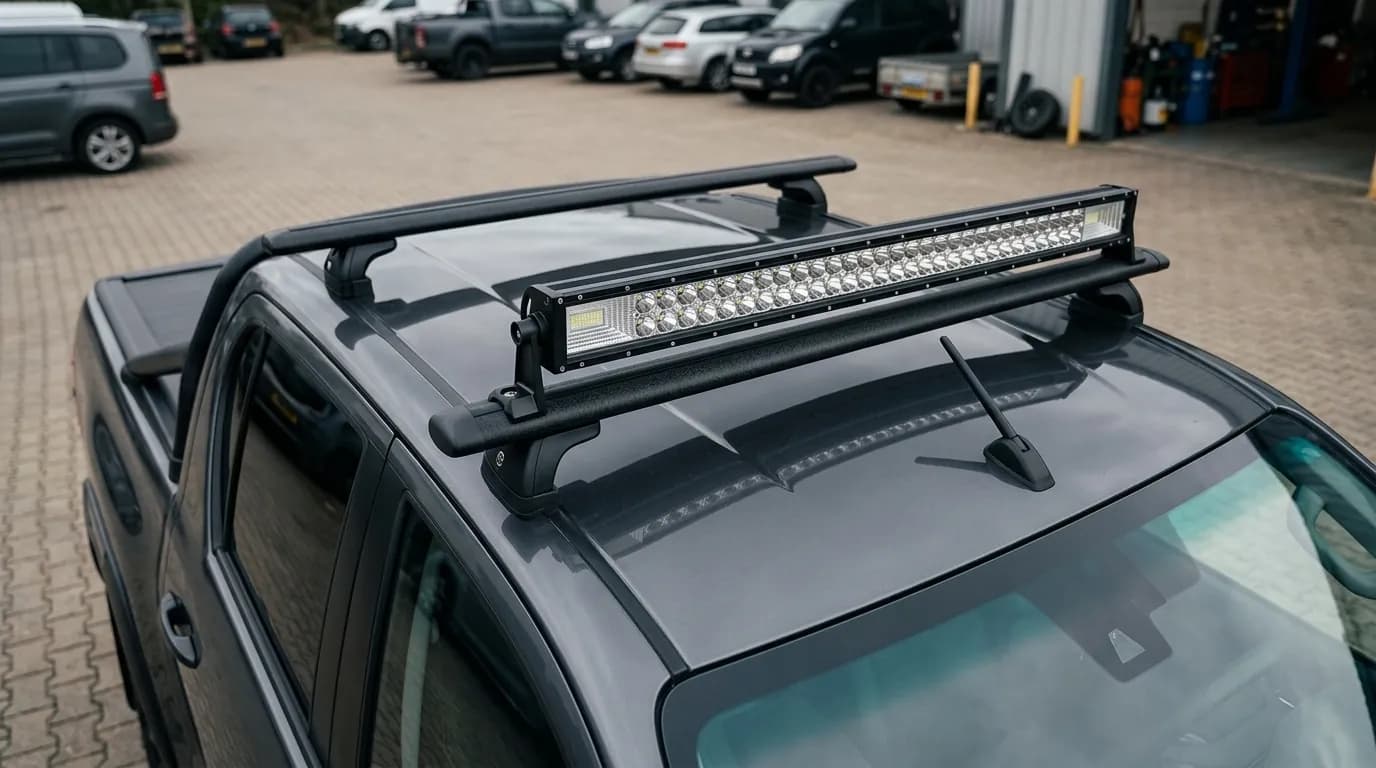 Détail de la barre LED Next-Tech montée sur la galerie de toit d'un Toyota Hilux, fixations visibles