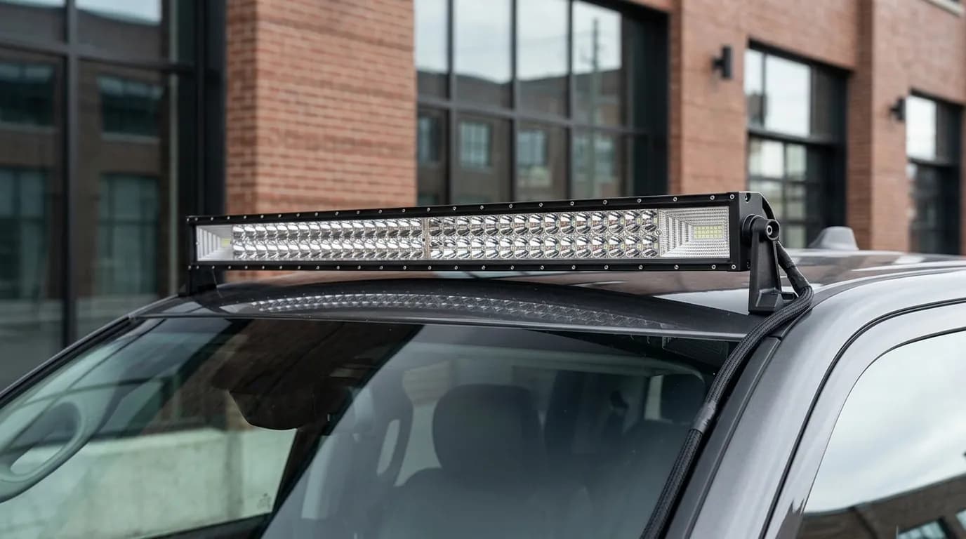Gros plan de la barre LED Next-Tech montée sur l avant du toit d un Dodge Ram