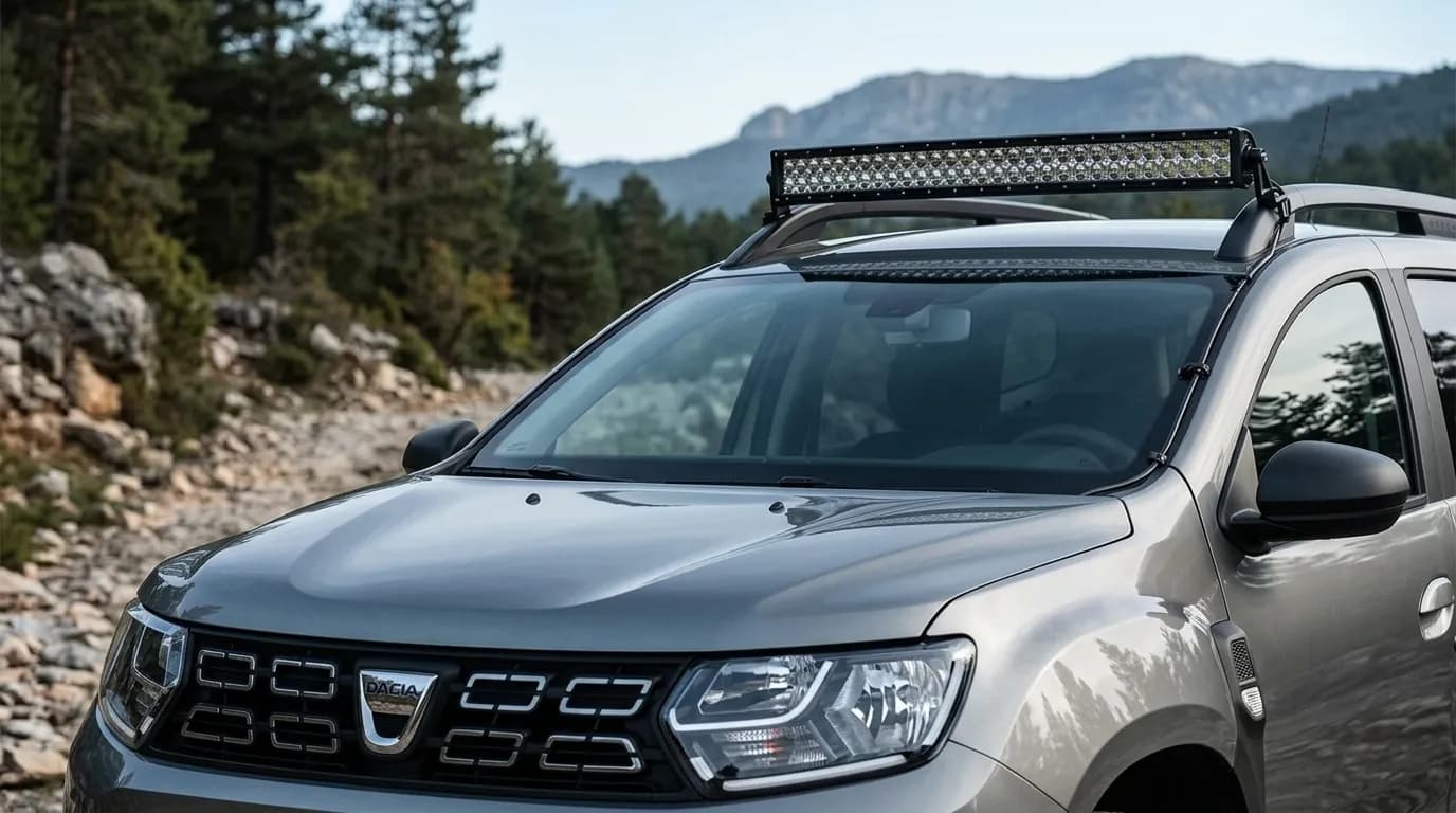 Barre LED Next-Tech fixée sur les barres de toit d'origine d'un Dacia Duster
