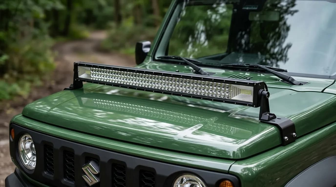 Barre LED Next-Tech montée sur les équerres de capot d'un Suzuki Jimny série 4