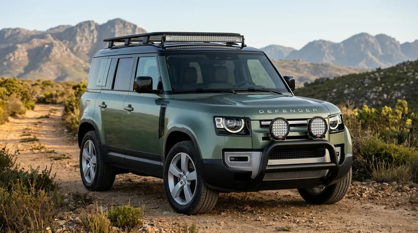 Land Rover Defender vert équipé d'une barre LED sur le toit et de deux phares longue portée Next-Tech 185W sur le pare-buffle